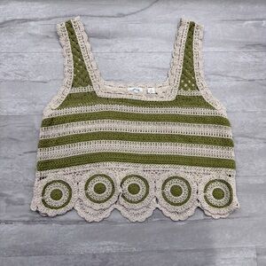 Francesca’s Green and Cream Crochet Women's Top
